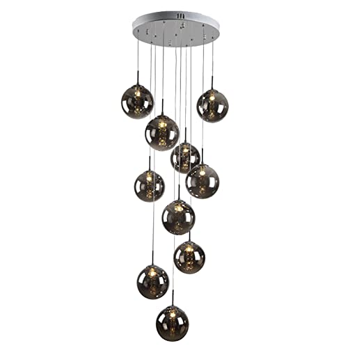 Suspension luminaire 10 globes en verre gris style industriel pour grand escalier de villa