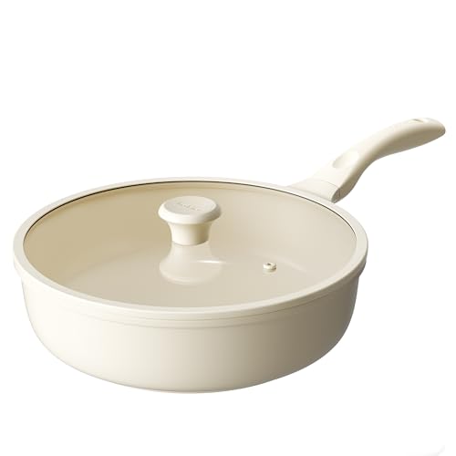Redchef Ceramic Frying Pan with Glass Lid, Nonstick Deep Saute Pan for All Stovetops, Healthy Cooking Pan, Ergonomic Handle, Fast Even Heating, Splatter Prevention, Oven Safe, Beige (5.2Qt, 12