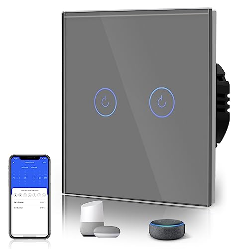 BSEED Smart Light Switch,Touch Switches for Lights,Glass Panel with Backlit,Works with Alexa & Google Assistant,Neutral Wire Required,2 Gang 1 Way,86mm Grey