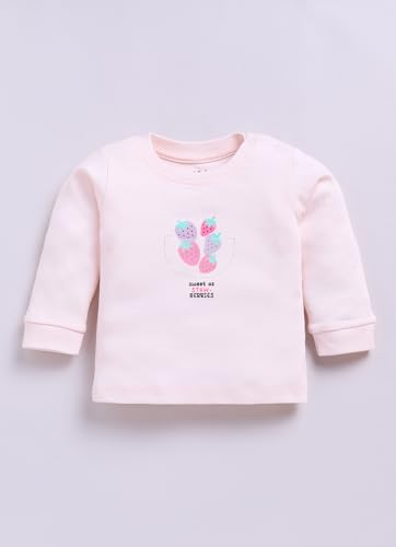 Image of Smart Baby Cotton Night Suit for Girls | Baby Girl Dress 6-12 Months Stylish | Full Sleeve Pajama Set with Strawberry Print and Aplic | Infant Nightwear & Kids Clothes