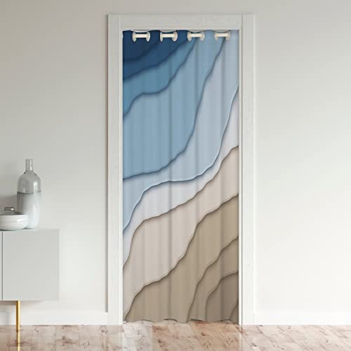 Castle Fairy Modern Door Curtain 52" W X 80" L,Blue Brown Gradient Abstract Flag Waves Door Drape Temporary Door Curtain,3D Print Wavy Doorway Curtain for Kids Boys Girls Teens