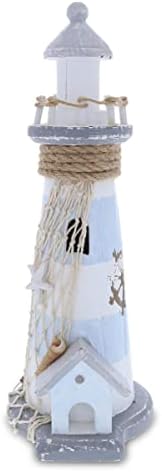CoTa Global Moonlight Wooden Lighthouse Decor - Handcrafted Nautical Decor Lighthouse with Fish Net Ocean Decor Wood Sculpture Table Top Centerpiece Beach Decorations - 11.5 Inch