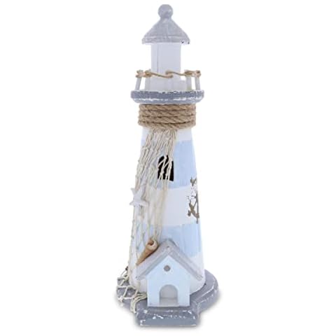 CoTa Global Moonlight Wooden Lighthouse Decor - Handcrafted Nautical Decor Lighthouse with Fish Net Ocean Decor Wood Sculpture Table Top Centerpiece Beach Decorations - 11.5 Inch Cover