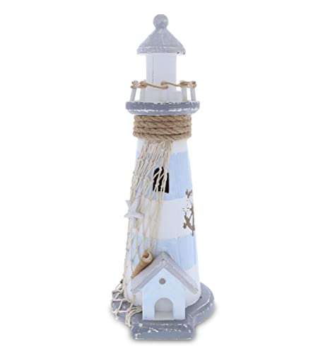 Cota Global Moonlight Wooden Lighthouse Decor - Handcrafted Nautical Decor Lighthouse With Fish Net Ocean Decor Wood Sculpture Table Top Centerpiece Beach Decorations - 11.5 Inch #TOP3
