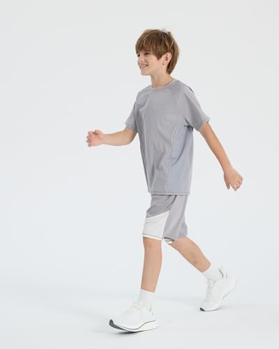 PATPAT Kids Quick-Dry T-Shirt & Shorts Set, 2-Piece Instant-Cooling UPF 100+ Activewear Outfit for Boys Girls, Breathable Athletic Sportswear, Vapor Gray, Size US8/S2