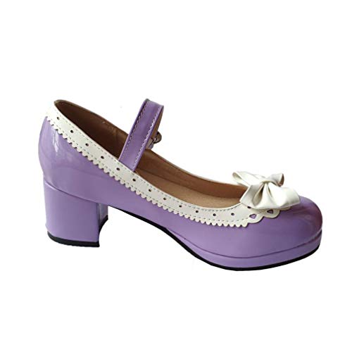 ELFY Women's Cute Lolita Cosplay Shoes Bow Mid Chunky Heel Mary Jane Pumps3