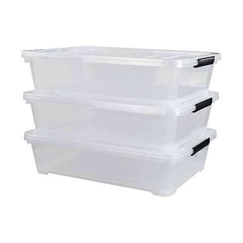 Hommp 3-Pack Plastic Under Bed Storage Box Container, 40 Quart Clear Stackable Storage Box Wheeled Latching Box Cover