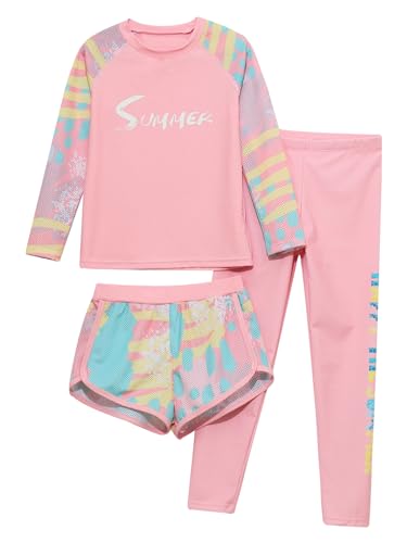 Unisex Girls Boys 3 Pcs Athletic Swimsuit UPF 50+ Rash Guard Sets Swim Top Boyshorts with Pants