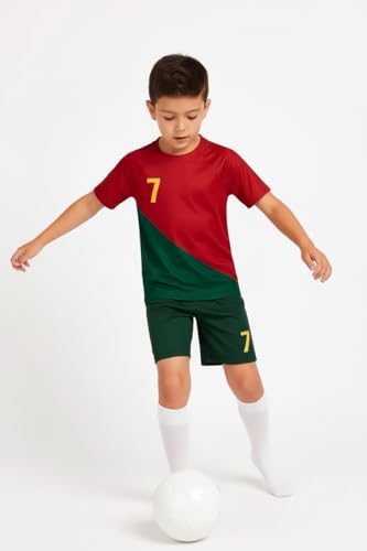 Image of Sports Soccer Football Portugal Jersey Ronaldo 7 Home Away Kit Jersey T-Shirt with Black Shorts(Kid's,Boy's & Men) M2