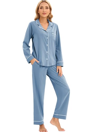 Image of LUBOT 100% Cotton Pajamas for Women Pajama Set Soft 2 Piece Sleepwear PJ Set Long Sleeve Button Knit Cozy Loungewear XS-XXL