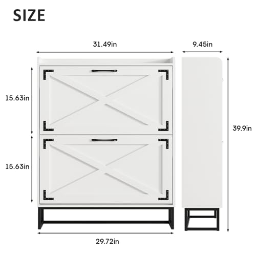 Image of Maupvit Shoe Storage Cabinet with 2 Flip Drawers, Freestanding Organizer with Metal Legs for Entryway, Narrow Shoe Rack Cabinet, Black White
