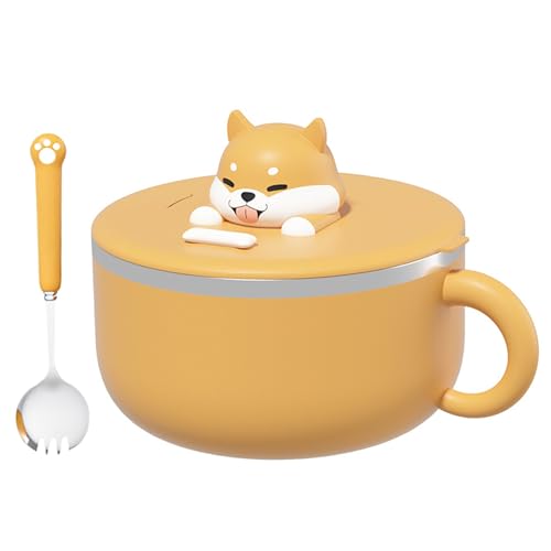 Muzrunq Tazón de fideos, tazón de ramen de acero inoxidable de 1200 ml con manijas, tazón de sopa resistente al calor con tapa y spork, tazones de ramen portátiles con orificio de drenaje de aire.