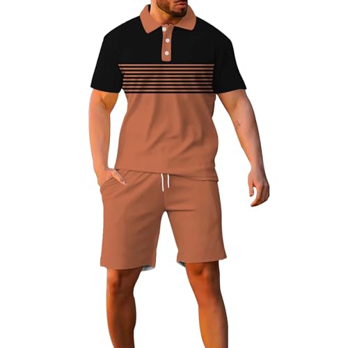 Maskjuwio Conjuntos de ropa para hombre, 2 piezas, conjunto de polo y pantalones cortos, chándal de manga corta, traje deportivo a rayas, traje de solapa para correr, traje de punto holgado, traje de