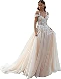 IUYRESX Wickelkleider Damen Tüll Brautkleider Lang Elegant Hochzeitskleider Prinzessin Glitzer Mit Spitze V-Ausschnitt Trauung Kleid Ärmellos Elfenbein 40