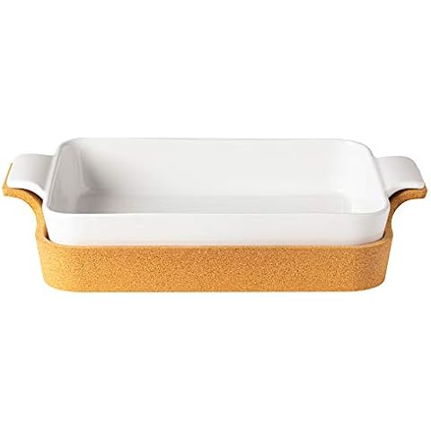 Casafina Ceramic 16" x 10.25" Rectangular Baker with Cork Tray - Ensemble Collection, White | Oven & Dishwasher Safe Bakeware | Food Safe Glazing | Restaurant Quality Dinnerware Cover