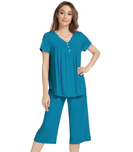 Image of NACHILA Bamboo Viscose Pajamas for Women Lace V Neck Capri Pants Pjs Set