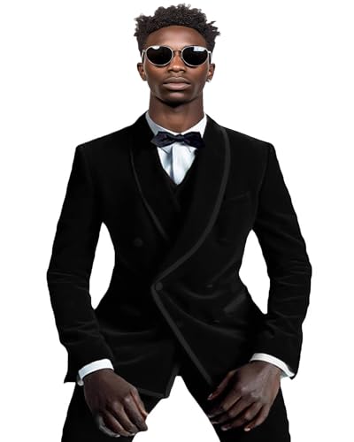 Men's 3 Pieces Velvet Wedding Suit Slim Fit Shawl Lapel Double Breasted Tuxedos Blazer & Vest & Pants