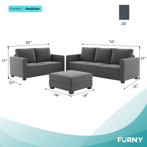Image of FURNY Haster 3 Seater + 2 Seater Fabric Sofa Set with 1 Ottoman (Dark Grey) with Velvet Finish | Durable Comfort | Ideal for Living Room