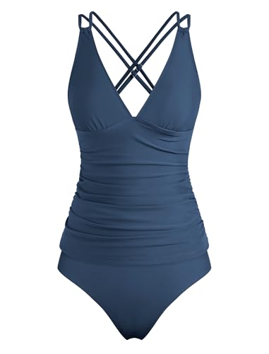 Image of ZAFUL Womens Tankini Swimsuits V Neck Push Up Swim Top Color Block Tummy Control High Waisted Bathing Suits Swim Bottom