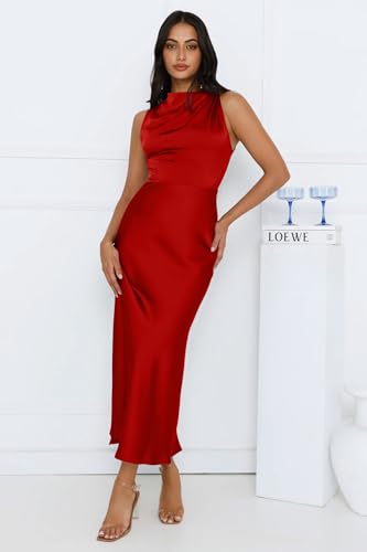Image of Memoriesea Women's Sexy Sleeveless Cowl Neck Flowy A Line Party Cocktail Midi Dress Red