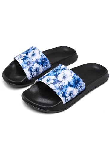 Hsaiyjsp Blue Hibiscus Slide Sandals Fashion Platform Slippers Slip on Open Toe Sandals Home Shower Slippers Flower for Women