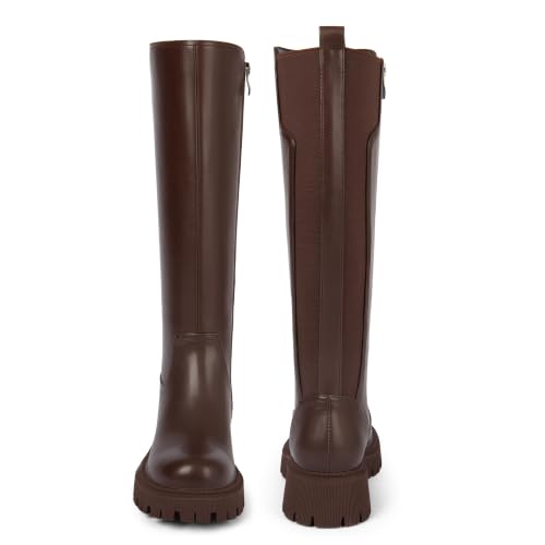 Image of TEAIEUI Womens Low Block Heel Platform Stretch Knee High Boots, Side Zipper | Comfortable Tall Boots, Stretch Calf, Round Toe, 1.81 inch Heel, Faux Leather, for Fall, Winter, Going out, Dress, Festival