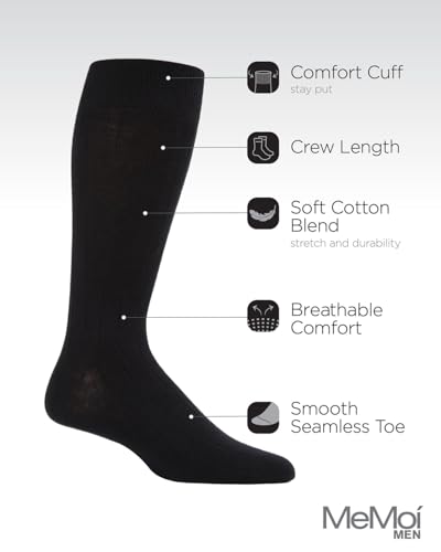 MeMoi Wide Ribbed Black Mens Crew Socks, Versatile and Comfortable Mens Dress Socks - Sizes 10-15, Pack of 33