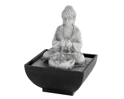 Lumineo Fontana Buddha con illuminazione a LED, 13 x 18 cm, in ceramica, fontana da tavolo, fontana d'acqua, decorazione per soggiorno, balcone, terrazza, grigio, nero