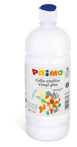 PRIMO - Colle Vinylique Fixative, 1 Bouteille 1kg Transparente au Séchage, Adaptée à tous Types de Papier et Carton Idéal pour Fourniture Scolaire, Loisirs Créatifs et Découpage, Durable et Diluable