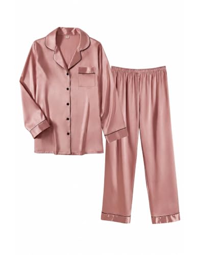 Image of Ekouaer Women Satin Pajamas Set Classic Button Down Long Pjs Set