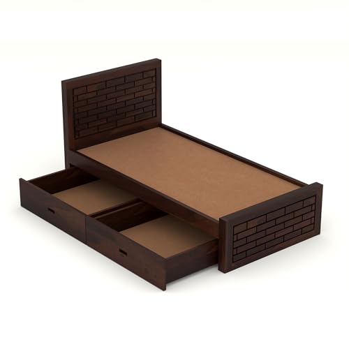 Image of Solid Sheesham Wood Single Size Bed with 2 Drawer Storage Wooden Single Cot Bed for Home Living Room Bedroom Guest Room Hotel (Walnut, Size 6 * 4)