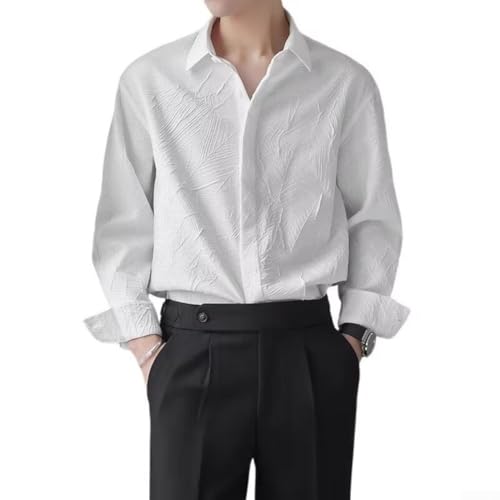 Camisa casual con botones para hombre, manga larga, ajuste delgado, texturizada, patrón de hojas de jacquard, parte superior de negocios para hombres (L blanco)