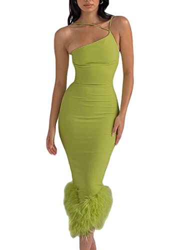 Nufiwi Women Feather Trim Long Dress Sleeveless Faux Fur Bodycon Maxi Cocktail Dress Off Shoulder Backless Slit Dress Fancy(C Green Furry,M) #TOP22