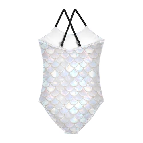 senya Girls Swimsuits One-Piece Swimwear Tie Bathing Suit Beach Summer Round Neck 7-8T White Scale Pattern2