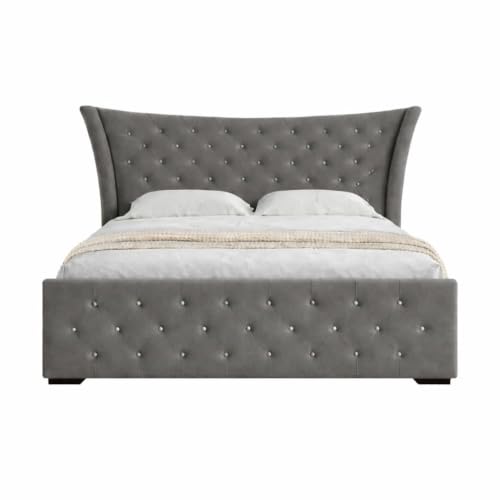 Image of Luxury Queen Size Upholstered Storage Bed with Diamond Tufted Padded Headboard | Premium Velvet Fabric Platform Bed Frame | Solid Wood Structure | Modern Bedroom Furniture | Grey