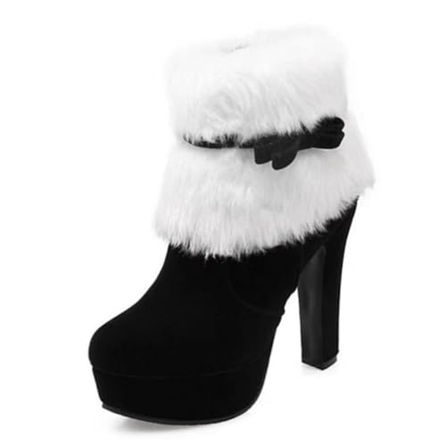 Bottines de Noël à talon pour femme avec fourrure et nœud élégant en suédine noire taille 41