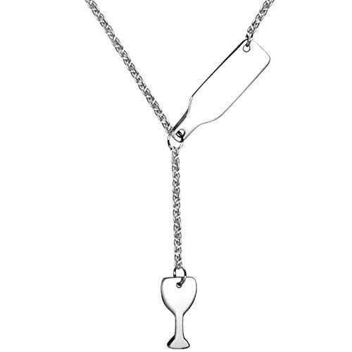 Jude Jewelers Stainless Steel Wine Bottle and Glass Sliding Charm Collar Cocktail Party Bar Necklace