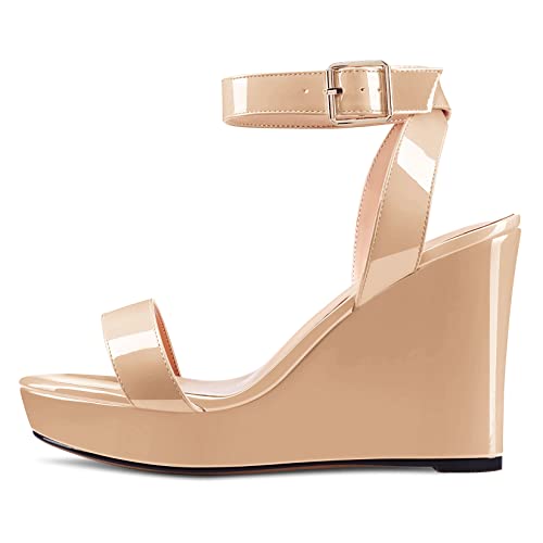 Image of Aachcol Women Platform Wedge Sandals Round Peep Open Toe Ankle Strap Slingback Two-Piece Chunky Block High Heel Dress Shoes Pumps Party Patent 4 Inch