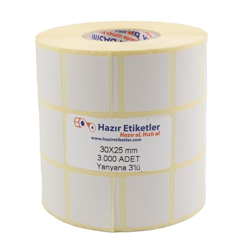 Termal Etiket, 30 mm x 25 mm, 3000 Adetli, 3'lü Yan Yana Sarılmış Rulolar, 40 mm Kuka Çapında, Direk Termal Transfer Etiketi