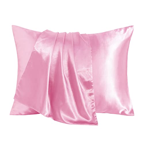 BEDSUM 2 Pack Silk Satin Toddler Pillowcases, Luxury Silky Travel Envelope Closure Pillow Cases for Baby Boys and Girls, 14x20 Inches, Pink