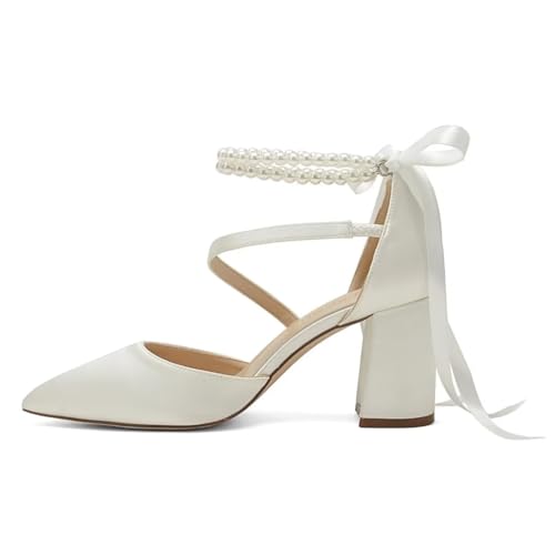 Block Heel Wedding Shoes for Bride Closed Toe Pearl Bridal Shoes Wedding Chunky Heels3