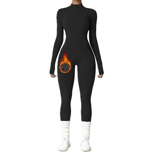 Vmhkjo Combinaison longue pour femme - Coupe ajustée - Thermique - Manches longues - Fermeture éclair - Combinaison de yoga - Coupe ajustée - Chaude - Rembourrée, Noir , M