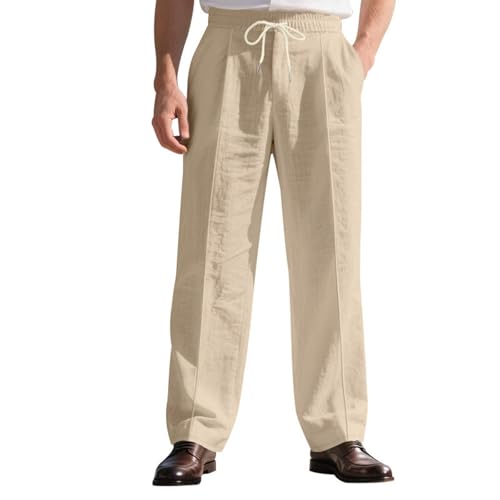 Men Cotton Linen Pants Drawstring Elastic Waist Pants Relaxed Fit Lightweight Yoga Beach Casual Trousers with Pockets