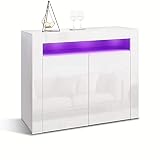 Meerveil Sideboard Kommode LED 2 Türen 5 Regal Holz Mehrzweck Hochglanz Weiß, 108(L) x 40(B) x 92(H)