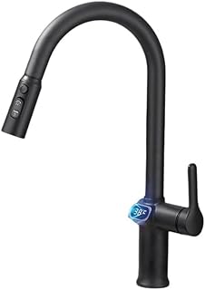 Grifo de cocina extraíble, 1 paquete de pantalla digital negra giratoria de 360 grados con tres modos de pulverización, indicador de temperatura LED para agua fría y caliente, uso doméstico y jardín