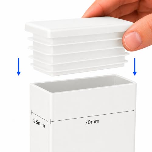 Image of (Pack of 6) Rectangular Plastic Plugs 63 /64 inch x 2-3 /4 inch (25 x 70 mm), Matt Tube Inserts, Fence Post Caps, Pure White RAL 9010
