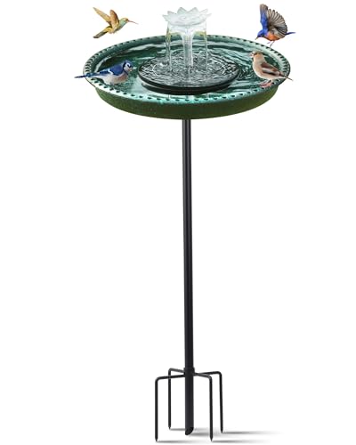 Yiabivo Solar Powered Bird Bath with Fountains for Hummingbirds,Stable Stylish Design with 5-Prong Base Stake Plastic Bird Bath for Outside Lawn Patio Yard Garden