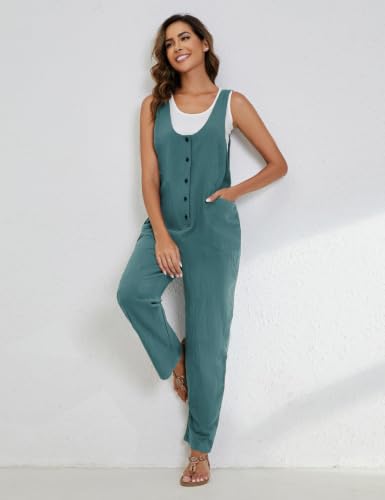 Image of Yeokou Womens Overalls Linen Cotton Jumpsuits Loose Casual Jumpers with Pockets