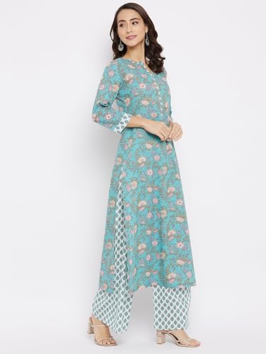 Image of Tissu Women's Cotton Sea Green & Pink Floral Printed Kurta with Palazzo