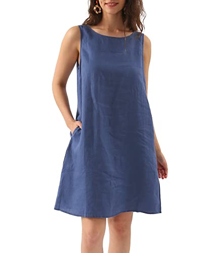 Amazhiyu Damen Leinen Ärmellos Etuikleid mit Taschen Rundhals Casual Tank Kleid, Marineblau, Klein